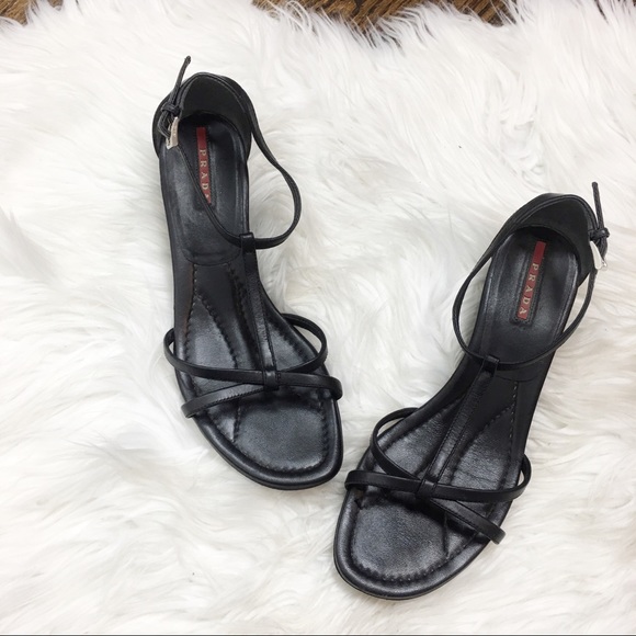 Prada Shoes - Prada Sport Black Matte Leather Wedge Sandals